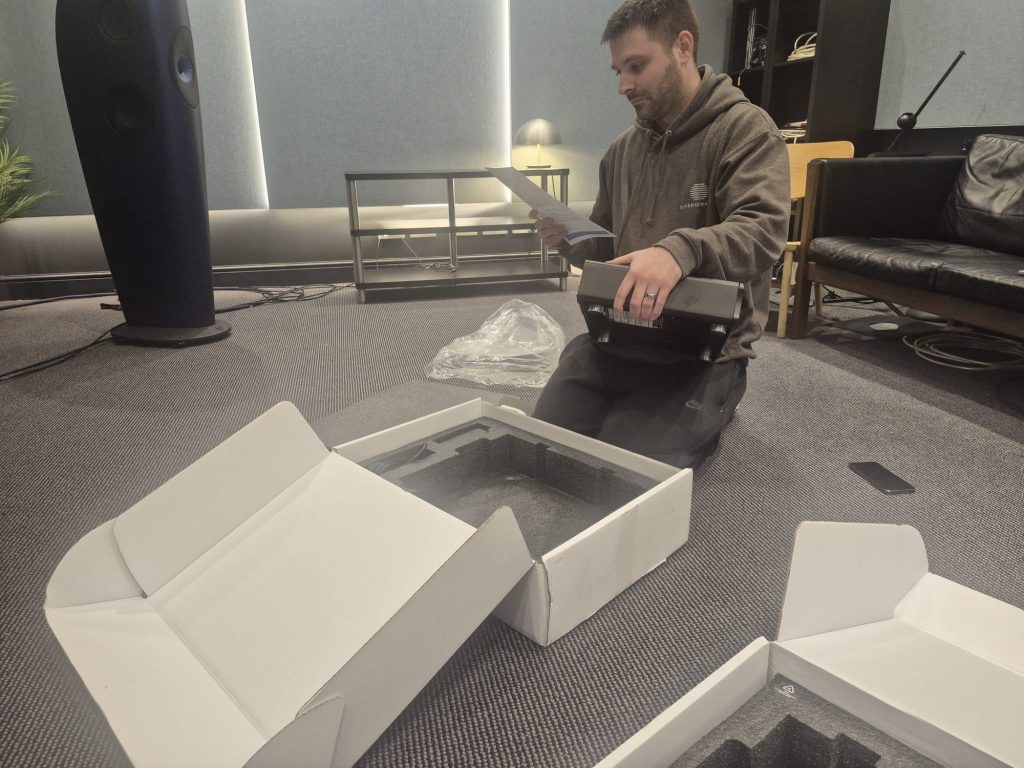 Jesse at Glasgow Audio HQ unboxing his first Ultrafide Audio stock